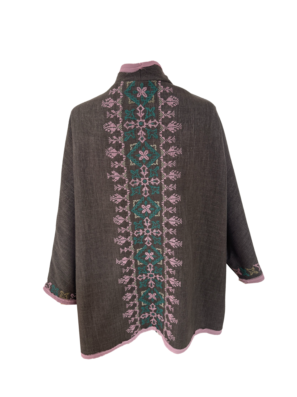Nadia Dajani x MAP Hand Embroidered Brown Round Jacket with Light Pink Embroidery