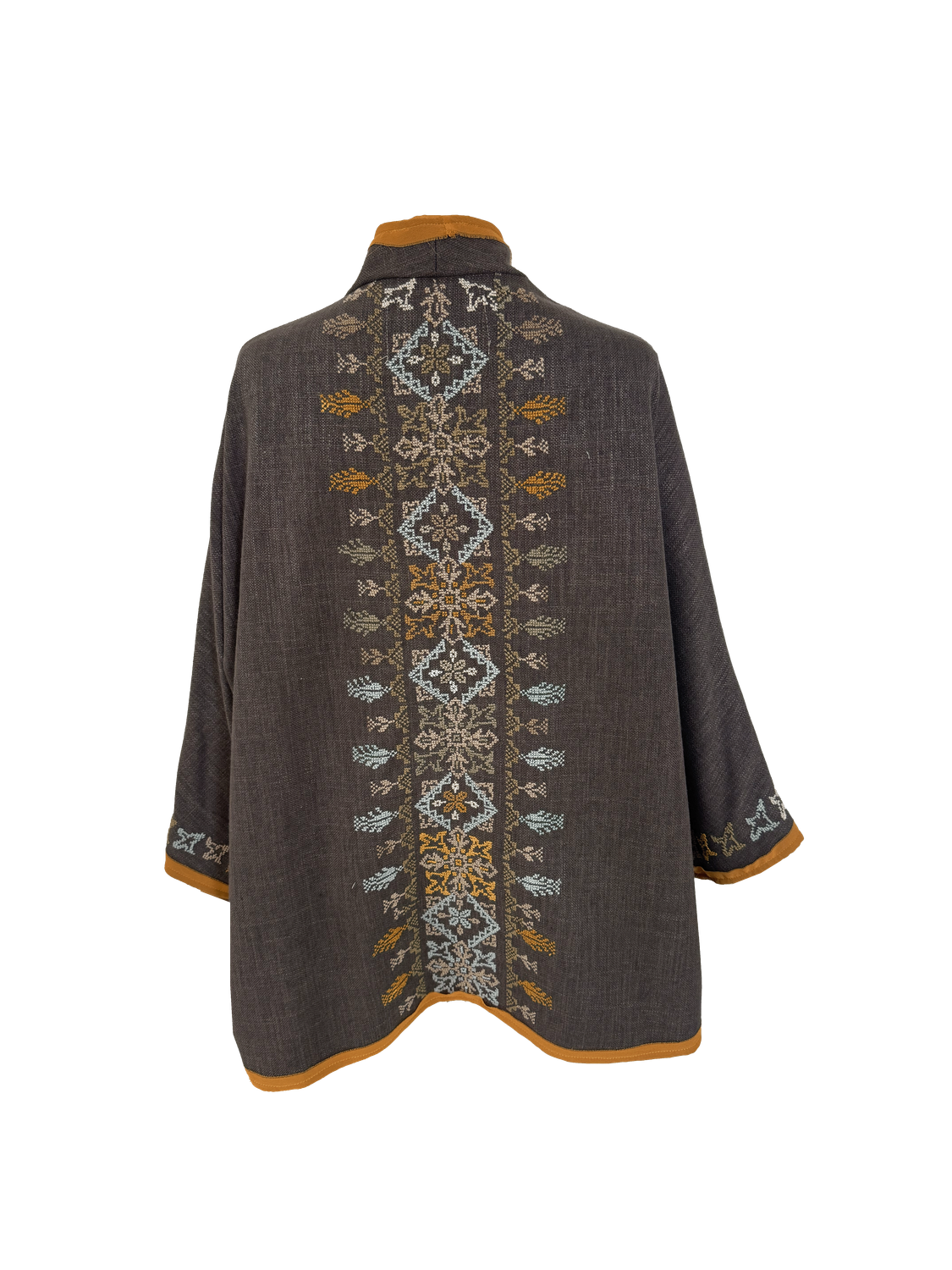 Nadia Dajani x MAP Hand Embroidered Brown Round Jacket with Orange Trim