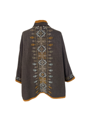 Nadia Dajani x MAP Hand Embroidered Brown Round Jacket with Orange Trim