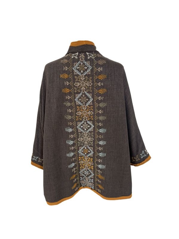 Nadia Dajani x MAP Hand Embroidered Brown Round Jacket with Orange Trim
