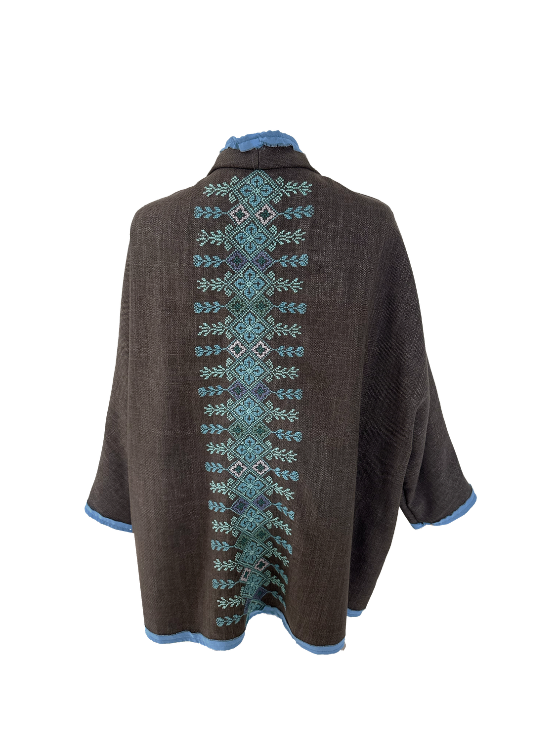 The Round Jacket in Brown With Blue Trim and Blue Hand Embroidery