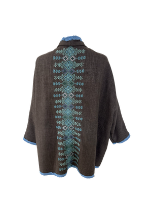 The Round Jacket in Brown With Blue Trim and Blue Hand Embroidery