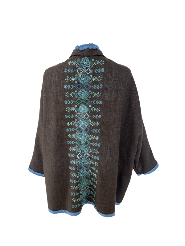 The Round Jacket in Brown With Blue Trim and Blue Hand Embroidery