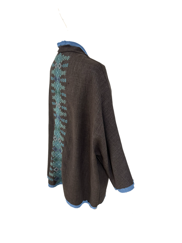 The Round Jacket in Brown With Blue Trim and Blue Hand Embroidery