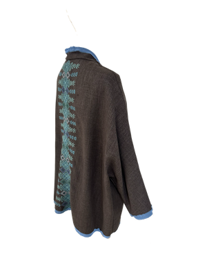 The Round Jacket in Brown With Blue Trim and Blue Hand Embroidery
