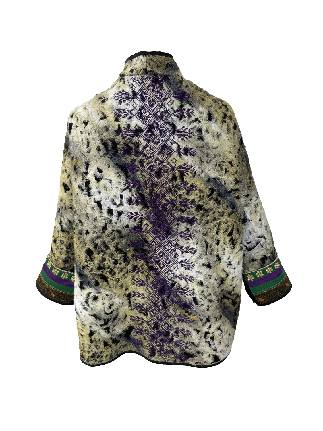 The Round Jacket in Textured Yellow With Purple Hand Embroidery