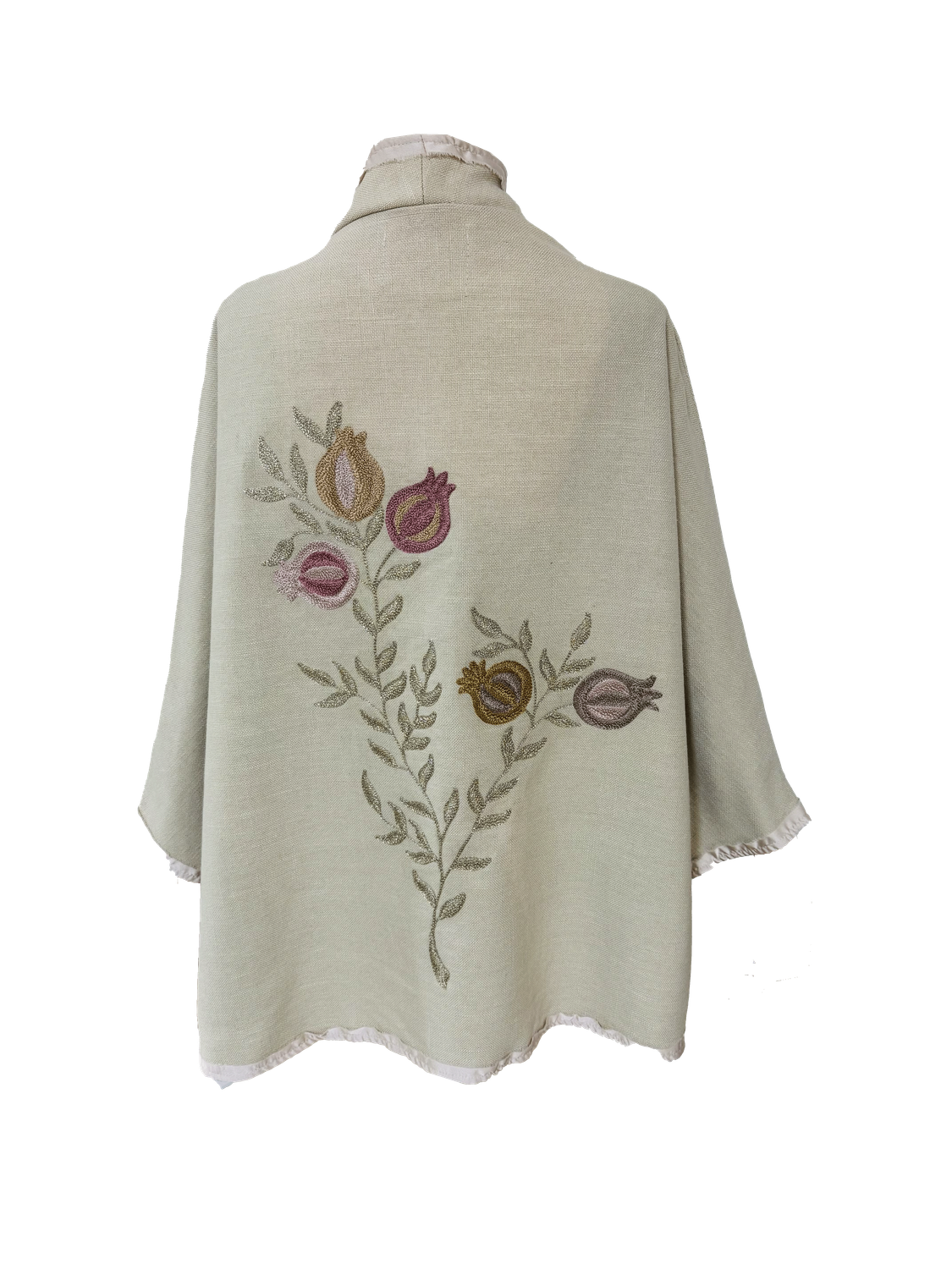 The Beige Round Jacket With Pomegranate Embroidery with Pink Trim