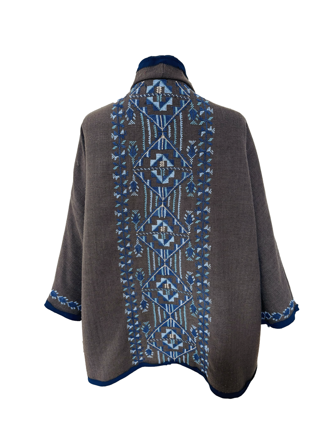 Nadia Dajani x MAP Hand Embroidered Brown Round Jacket with Navy Blue Embroidery