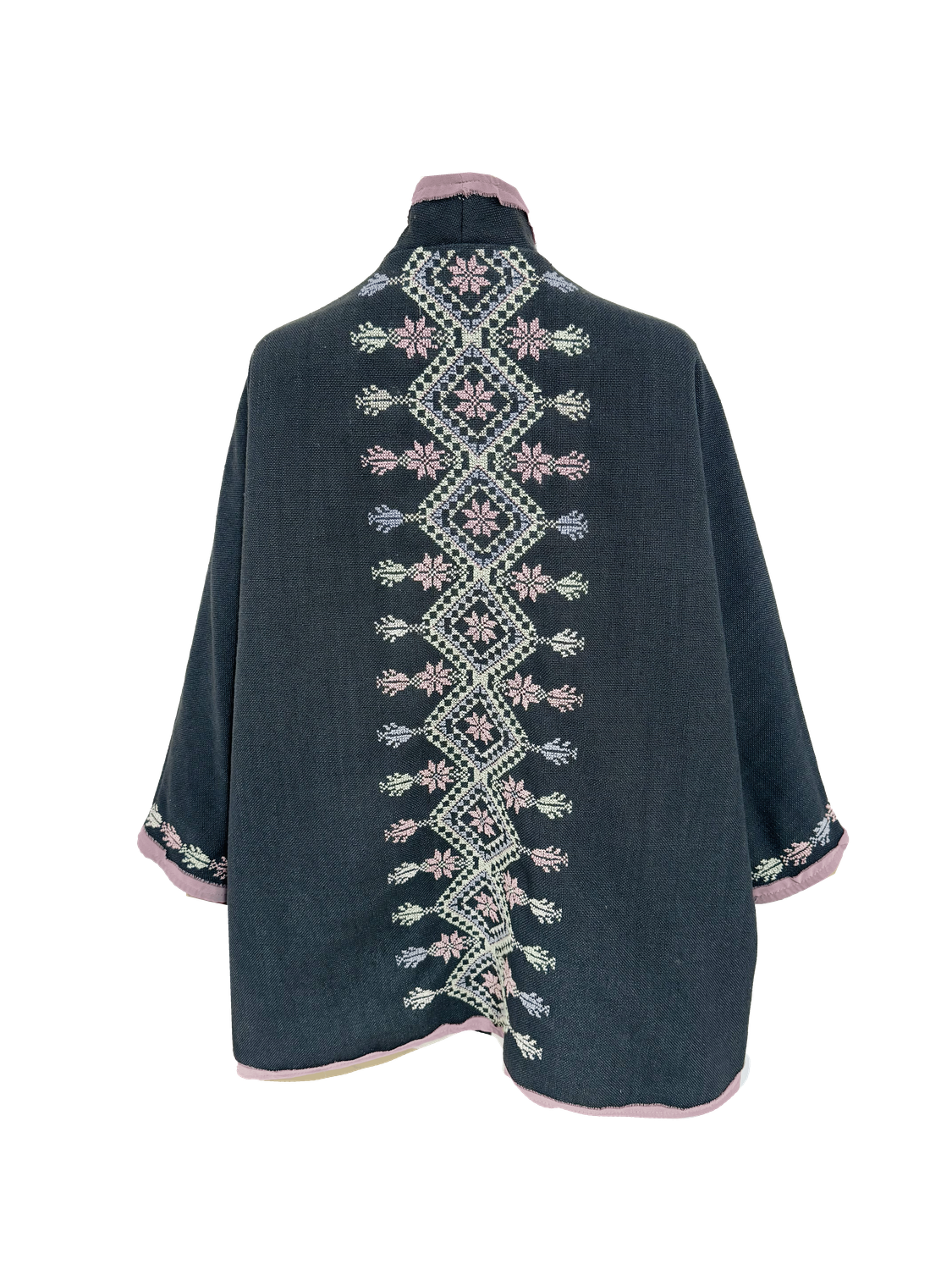 Nadia Dajani x MAP Hand Embroidered Dark Grey Round Jacket with Pastel Embroidery