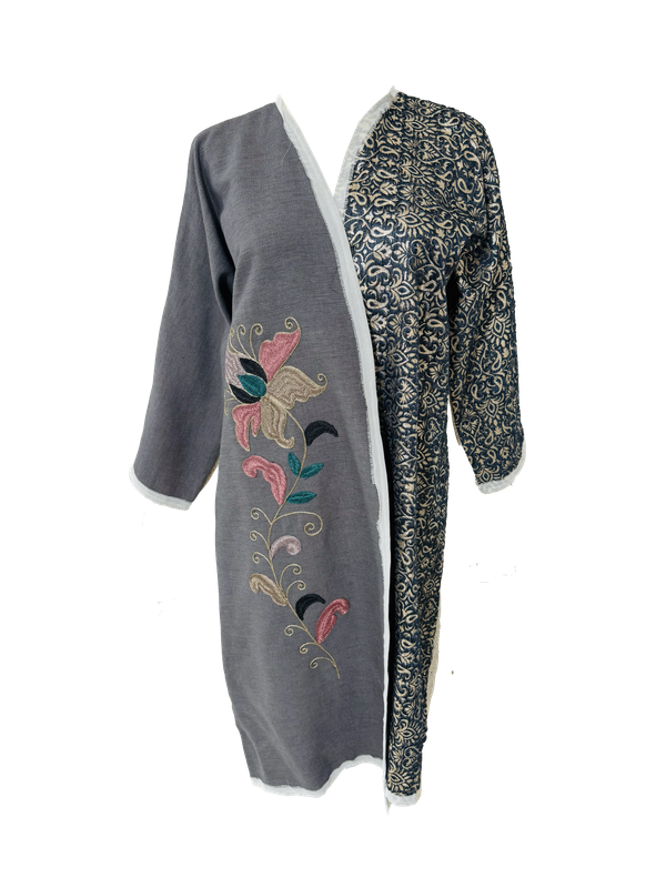 Abaya with Ottoman Carnation Embroidery in Beige and Grey