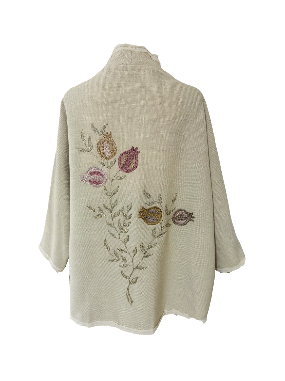 The Beige Round Jacket With Pomegranate Embroidery with White Trim