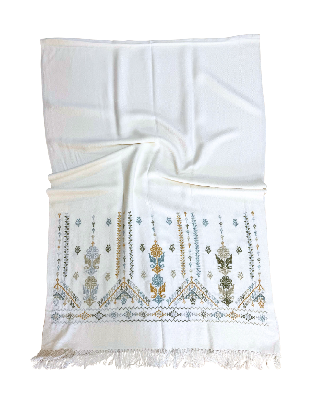 Nadia Dajani x Jerash Camp Heavily Embroidered Cotton Scarf in White