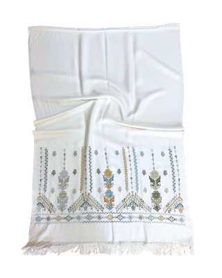 Nadia Dajani x Jerash Camp Heavily Embroidered Cotton Scarf in White