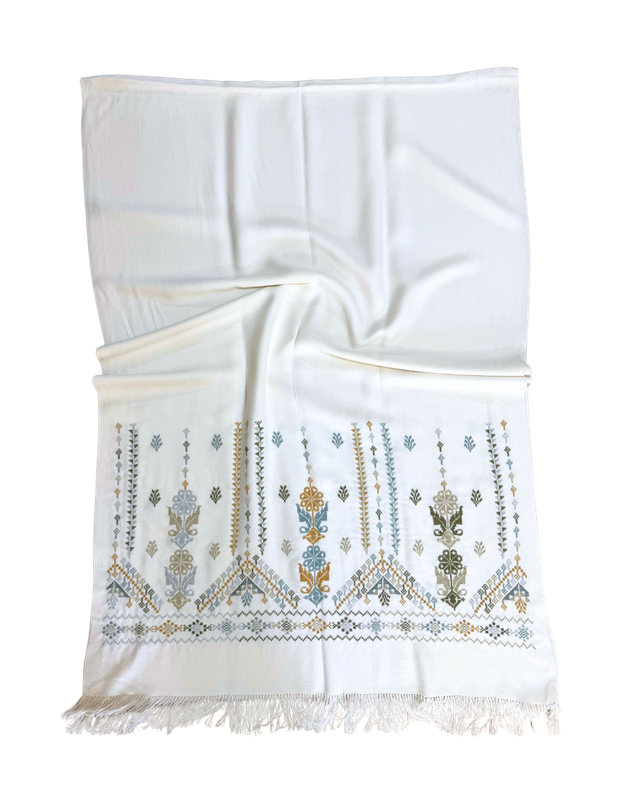 Nadia Dajani x Jerash Camp Heavily Embroidered Cotton Scarf in White