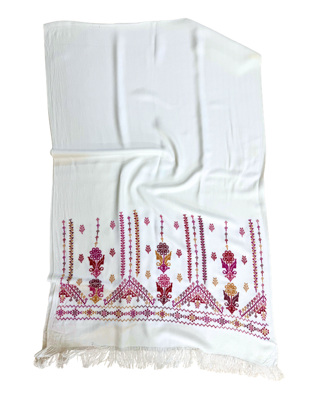 Nadia Dajani x Jerash Camp Heavily Embroidered Cotton Scarf in White
