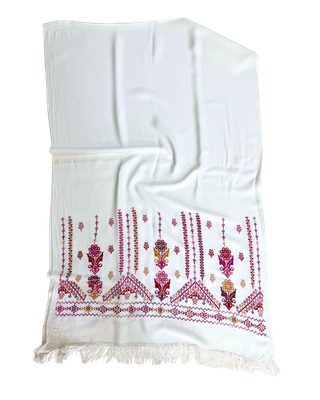 Nadia Dajani x Jerash Camp Heavily Embroidered Cotton Scarf in White