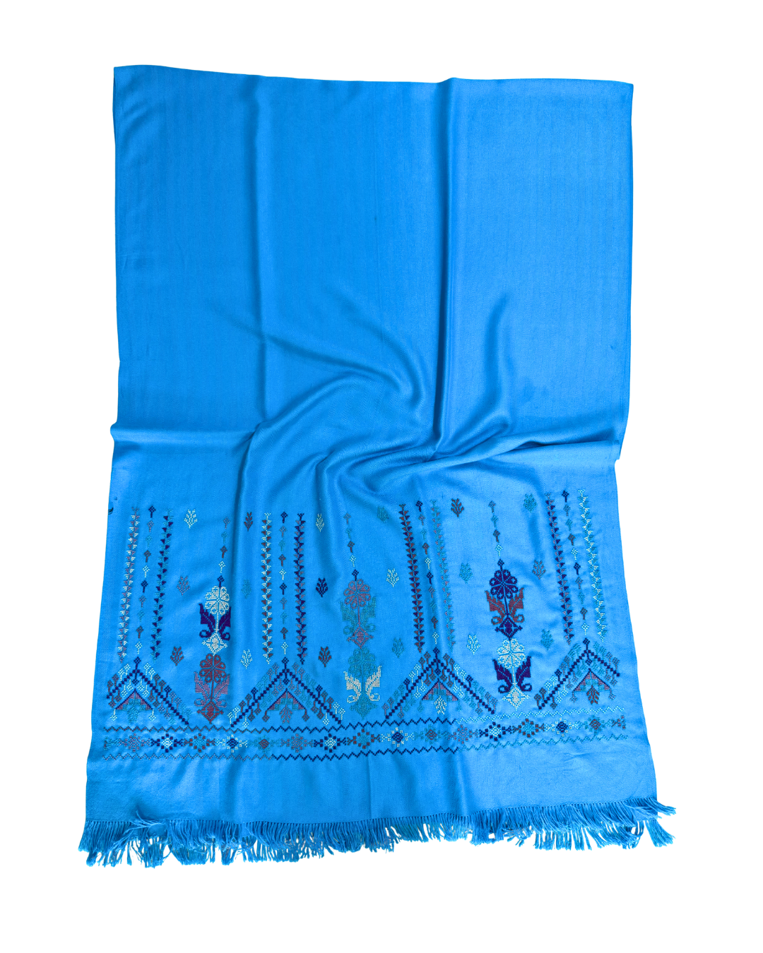 Nadia Dajani x Jerash Camp Heavily Embroidered Cotton Scarf in Bright Blue