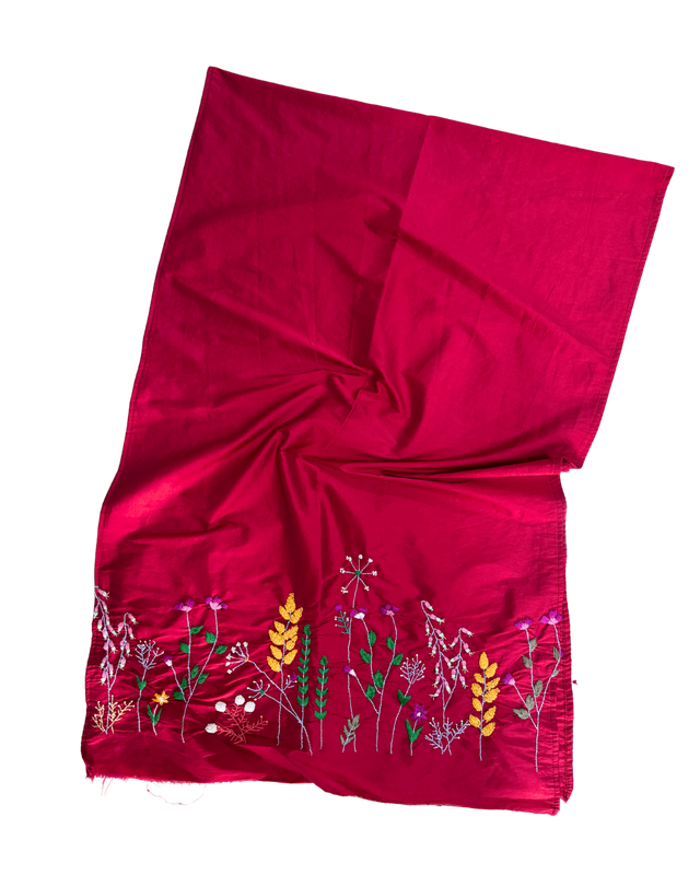 Nadia Dajani x UNHCR Double Width Embroidered Flower Scarf in Red Silk