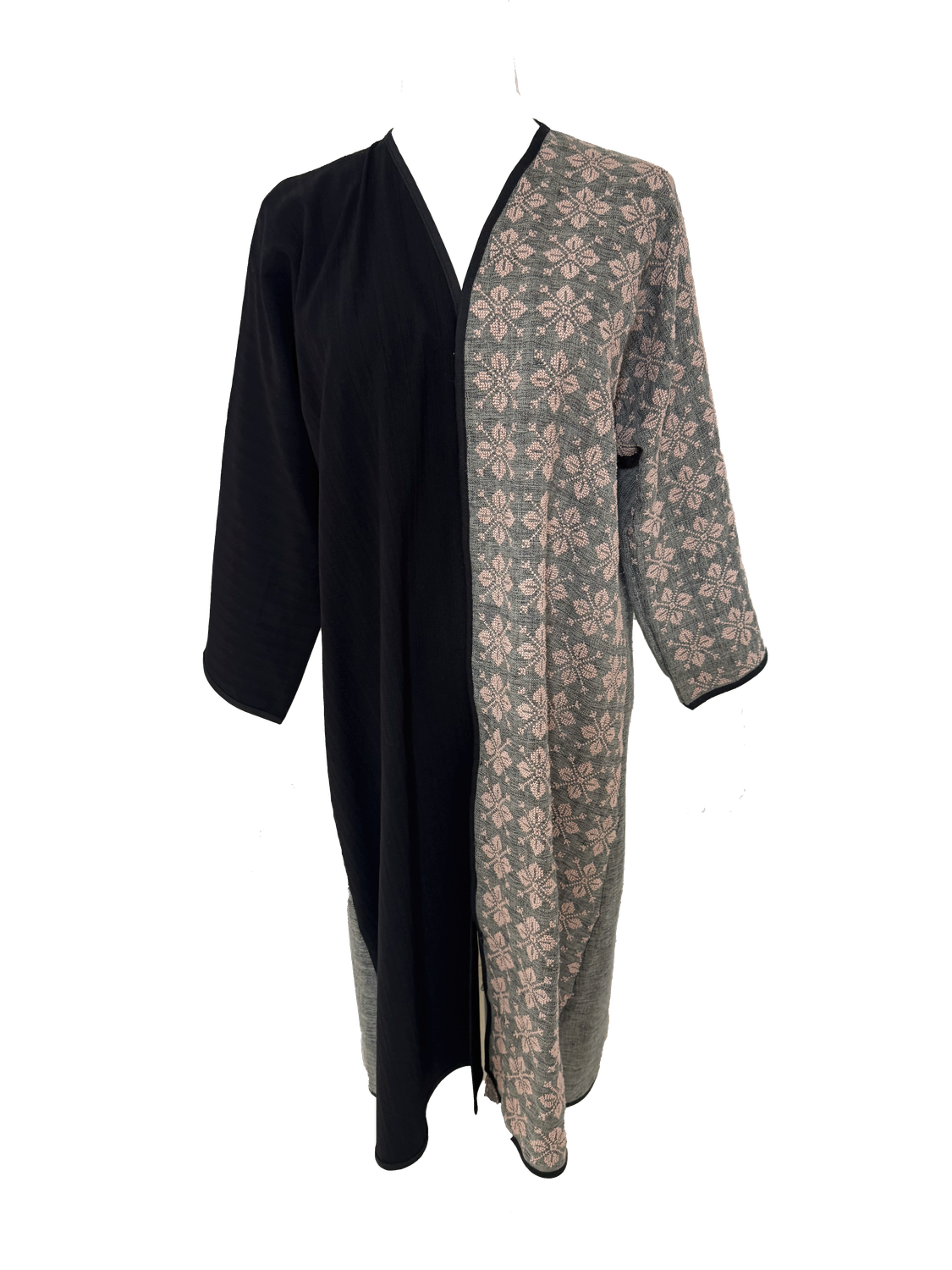 Nadia Dajani x UNHCR Black and Grey Abaya with Light Pink Hand Embroidery
