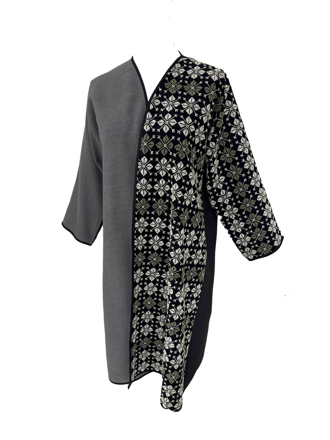 Nadia Dajani x UNHCR Grey and Black Abaya with Beige and Olive Green Hand Embroidery