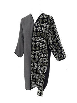 Nadia Dajani x UNHCR Grey and Black Abaya with Beige and Olive Green Hand Embroidery