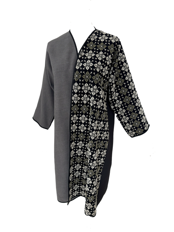 Nadia Dajani x UNHCR Grey and Black Abaya with Beige and Olive Green Hand Embroidery