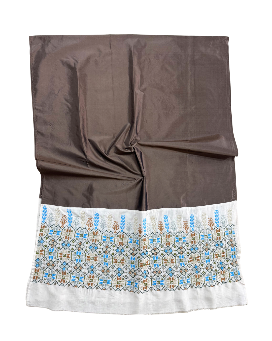 The Double Width Embroidered Silk Scarf in Brown