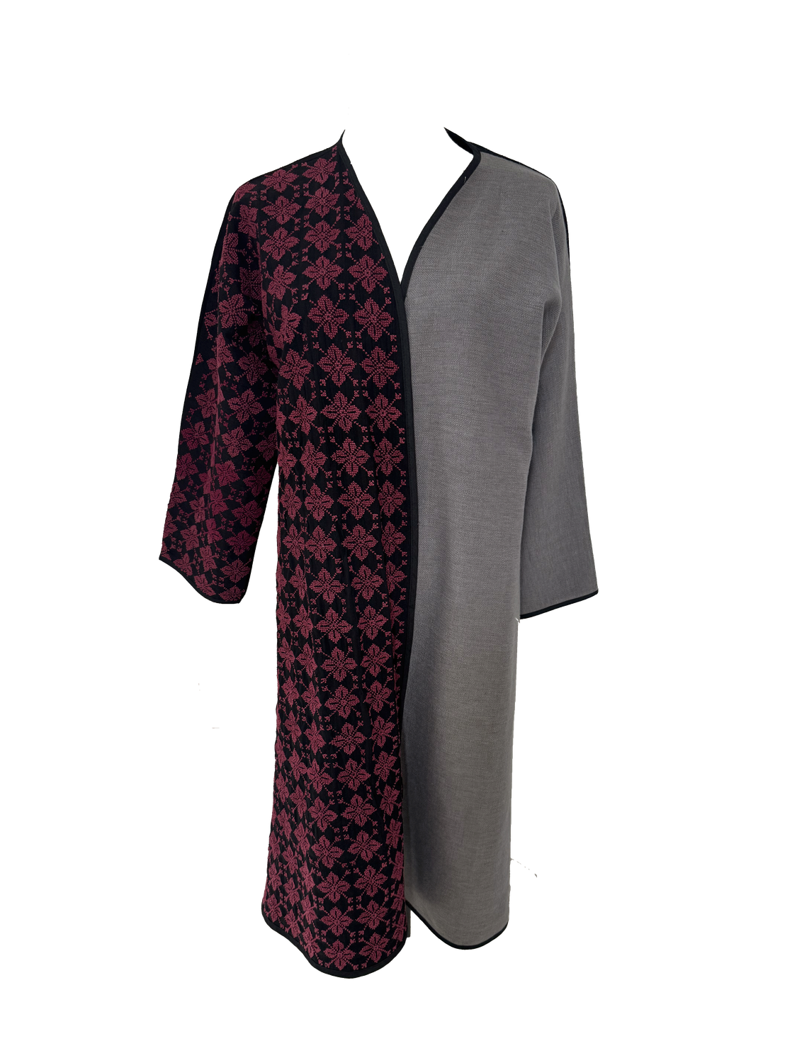 Nadia Dajani x UNHCR Black and Grey Abaya with Burgundy Hand Embroidery