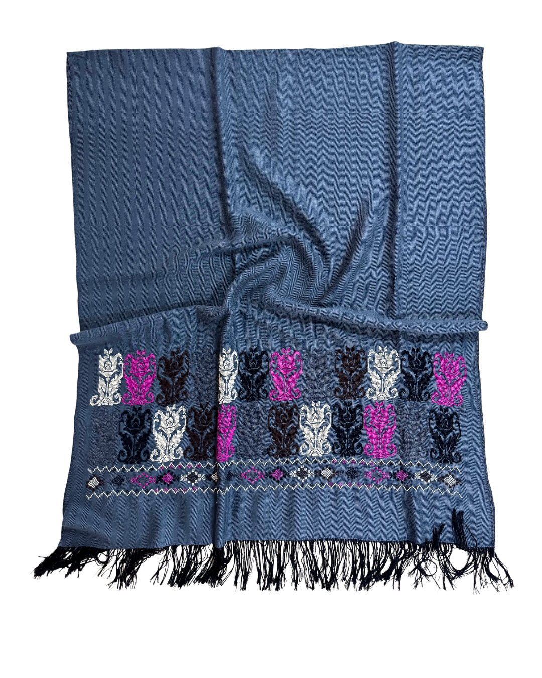 Width Hand Embroidered Heavy Cotton Scarf in Navy Blue