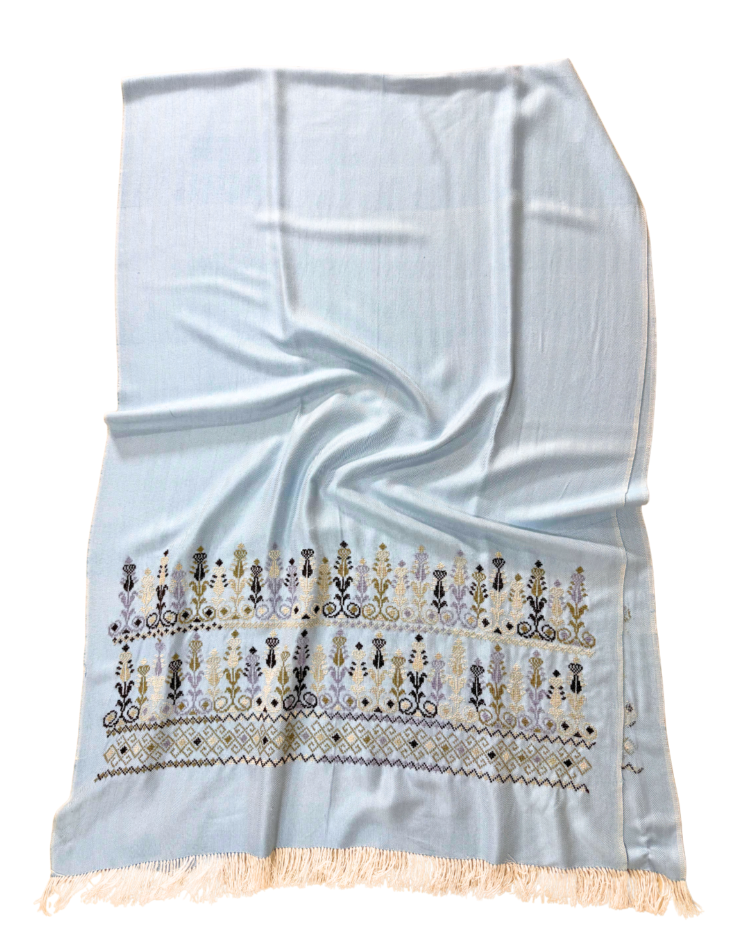 Width Hand Embroidered Heavy Cotton Scarf in Light Blue