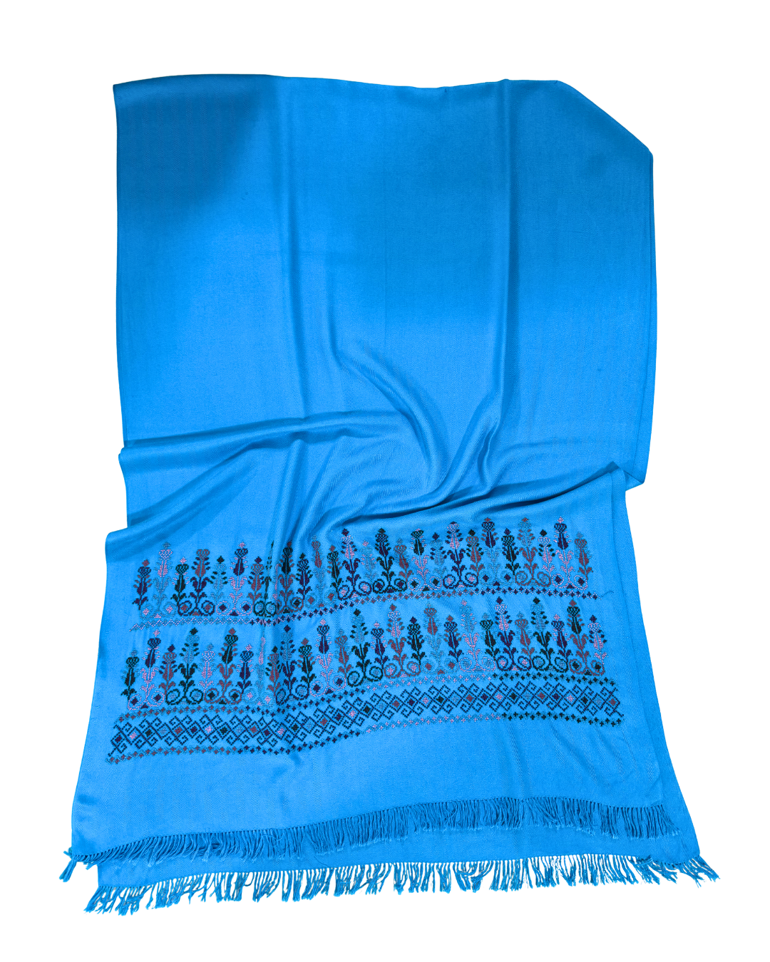 Double Width Hand Embroidered Heavy Cotton Scarf in Turquoise