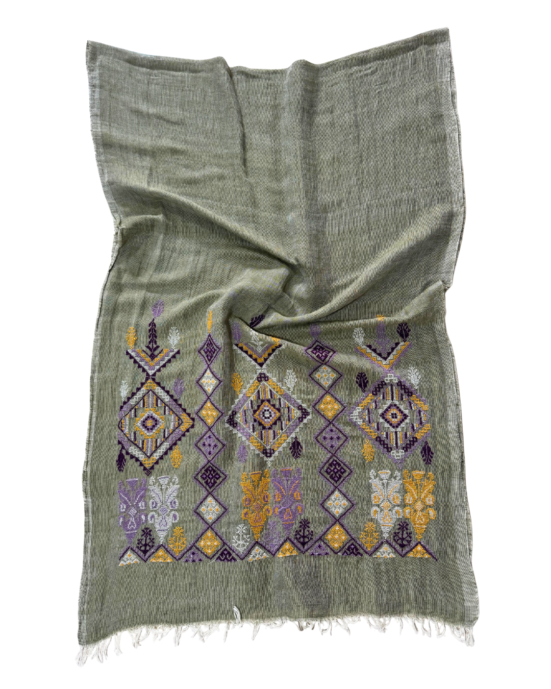 Egyptian Cotton Heavily Embroidered Scarf in Olive Green