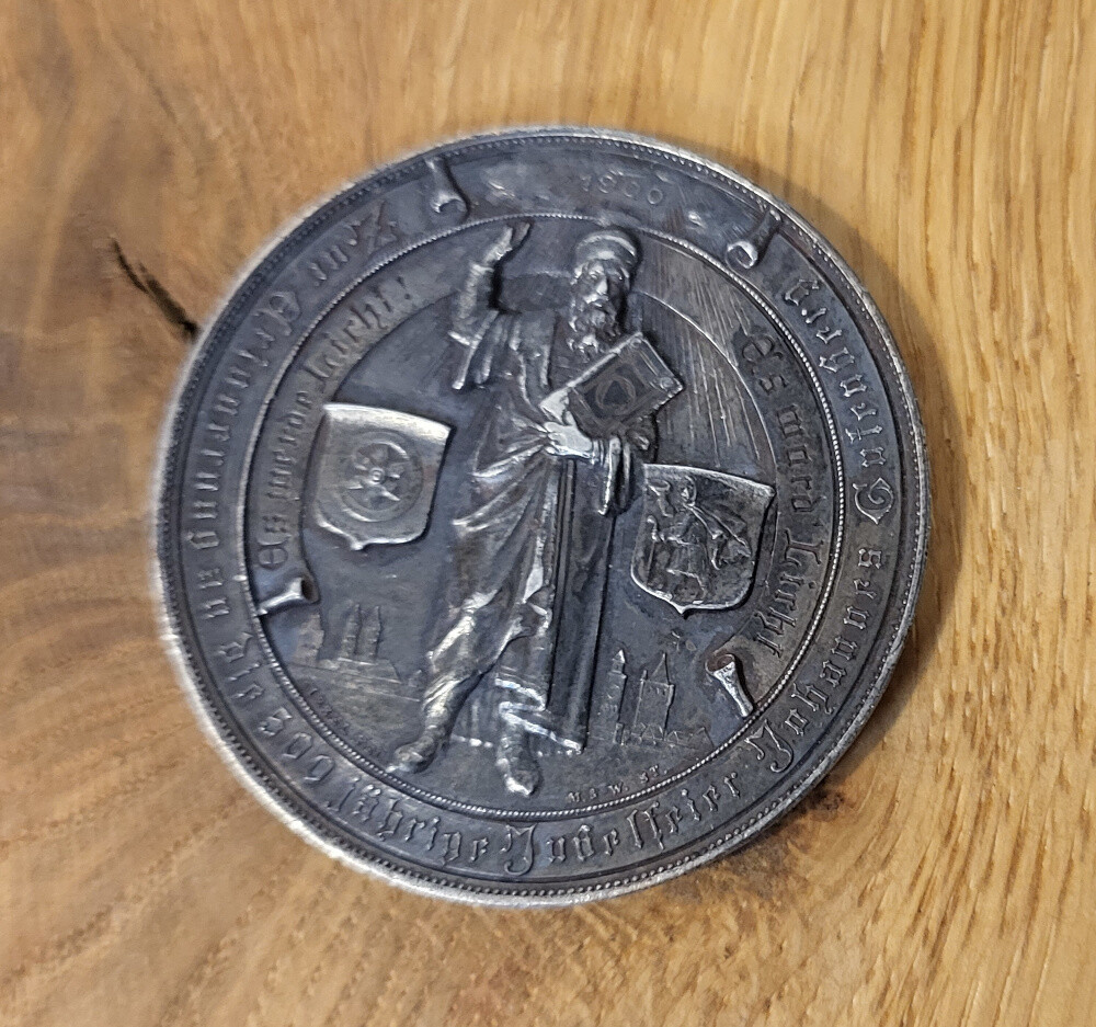 German Silver-plated Tin medal commemorating Gutenberg's 500th birthday in 1900