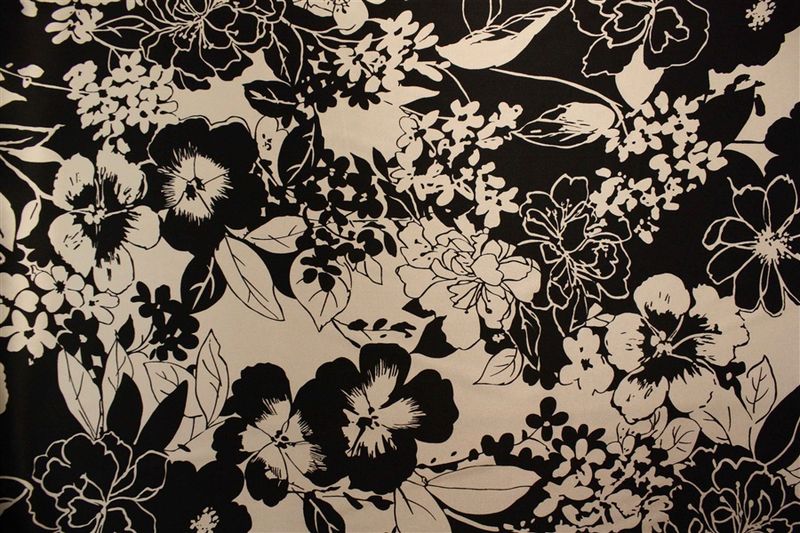 Black & White Floral Silk Charmeuse, 45" wide