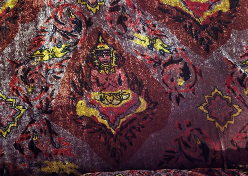 Velvet w Buddha in Burgundy & gold , 45" wide