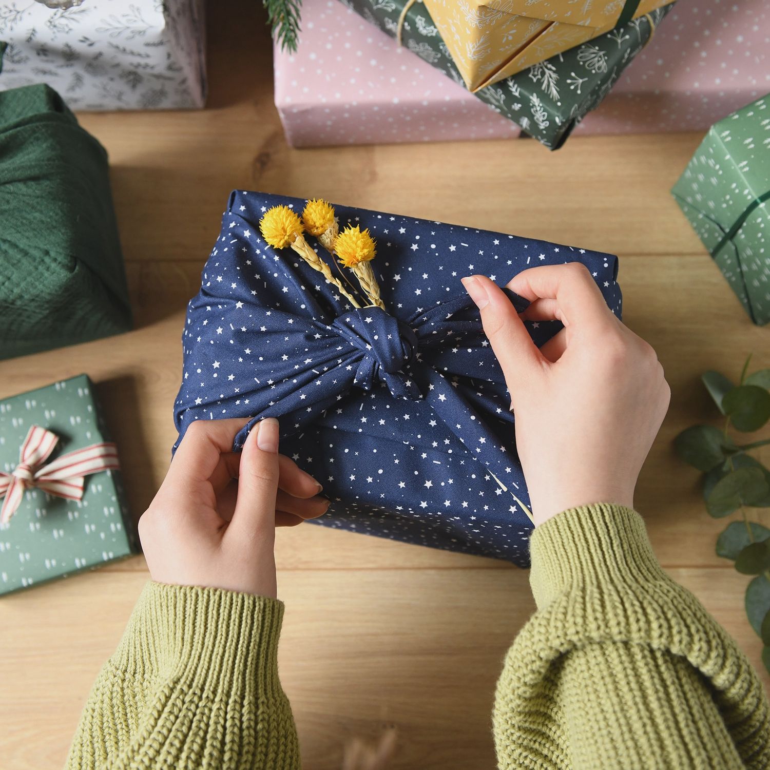 Reusable Holiday Fabric Gift Wrap, Color: Blue
