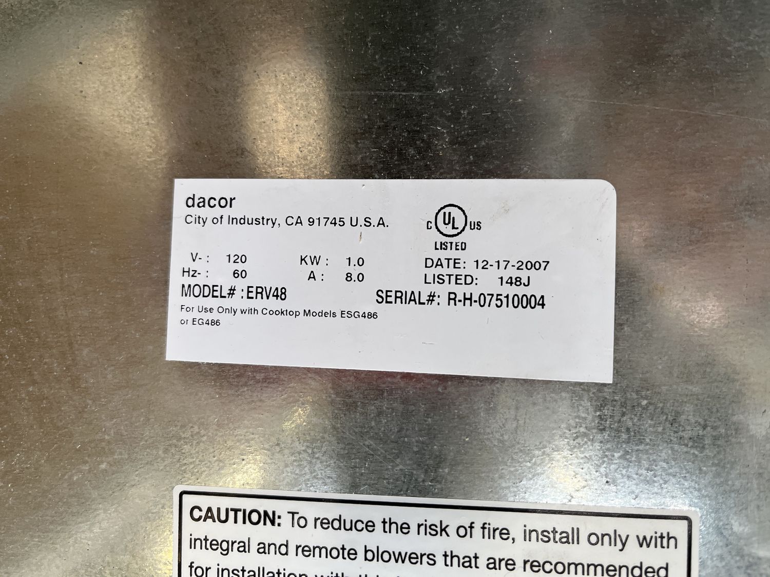 Dacor 48″ Raised Vent with Blower (ERV48)