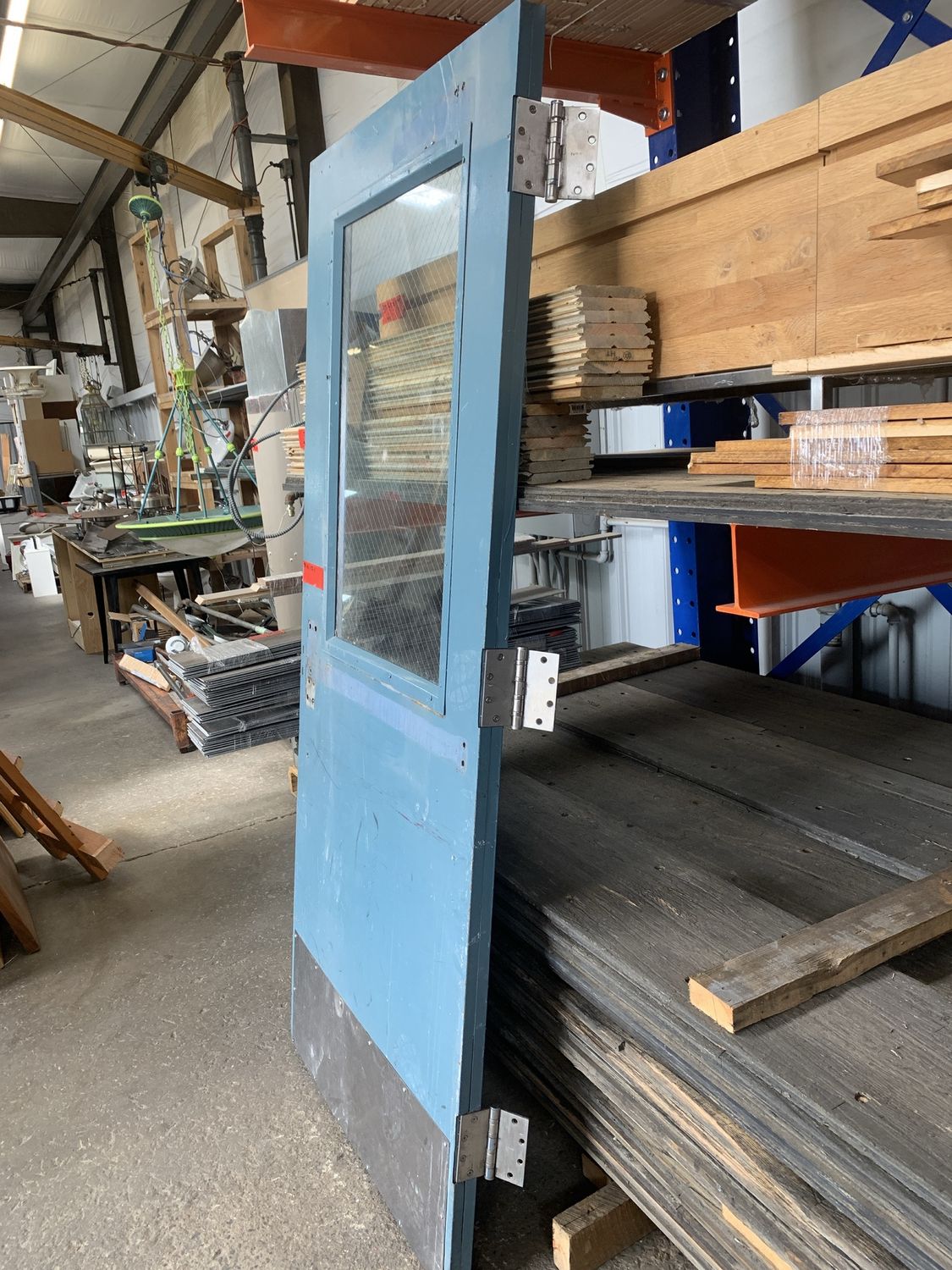 35 ¾&quot; x 82 ½&quot; Blue Steel Industrial Door – Wire Glass Lite &amp; Kick Plate 71.05