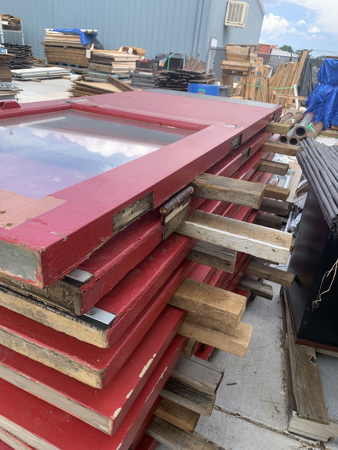 35.5&quot; x 83&quot; Reclaimed Industrial Wood Door – Red with Safety Glass Lite &amp; Kick Plate 71.06