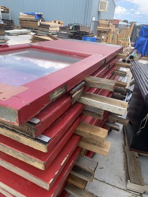 35.5&quot; x 83&quot; Reclaimed Industrial Wood Door – Red with Safety Glass Lite &amp; Kick Plate 71.06