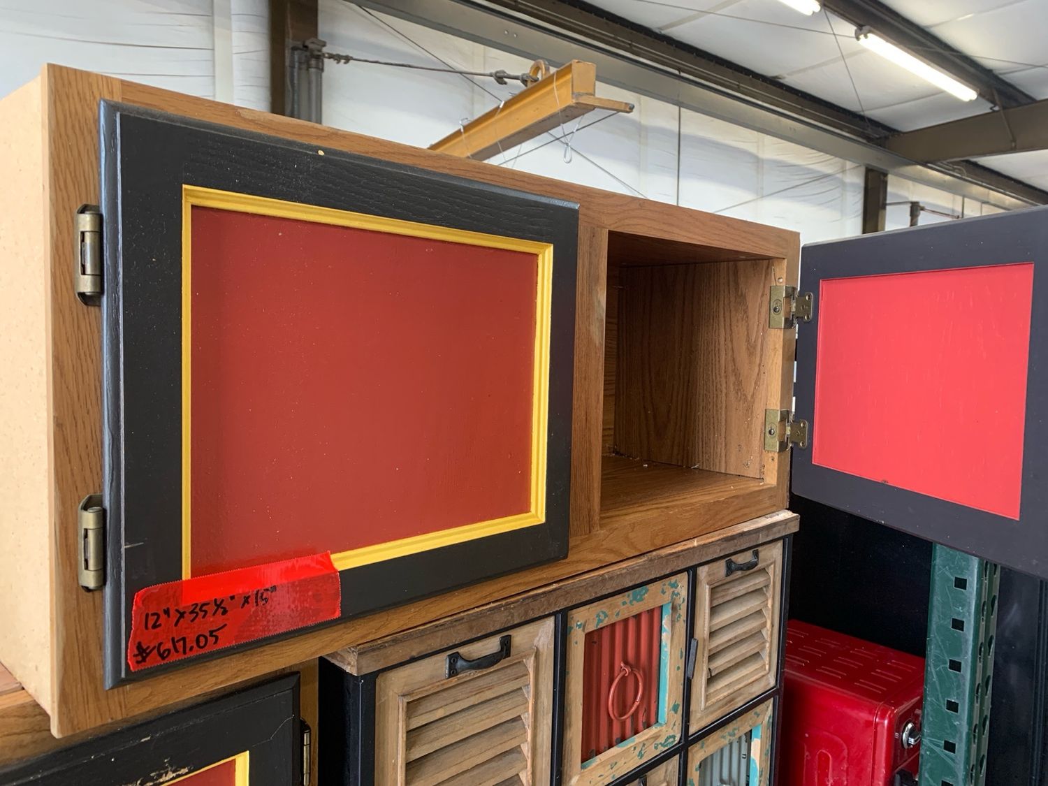 35 ⅝&quot; Red Panel Upper Cabinet – Black Frame w/ Yellow Trim 707.03