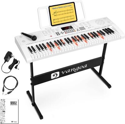 Vangoa klawiatura fortepianowa 61 podświetlany klawisz klawiatura muzyczna ze stojakiem, słuchawka, mikrofon, 600 kolorów, 400 rytmów, 30 demonstracji, biała