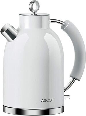 ASCOT Czajnik ze stali nierdzewnej, 2200 W, 1,5 litra, design retro, bez BPA, ochrona przed pracą na sucho, automatyczne wyłączanie (Biały)