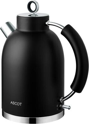 ASCOT Czajnik elektryczny ze stali nierdzewnej, 2200 W, 1,6 l, styl retro, bez BPA, cichy czajnik do szybkiego gotowania, bezprzewodowy czajnik do herbaty, ochrona przed pracą na sucho, automatyczne w