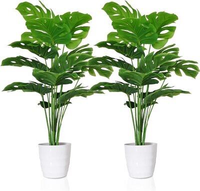 SAJANDAS Zestaw 2 sztucznych roślin monstera z białymi plastikowymi doniczkami, 70 cm, sztuczne tropikalne rośliny monstera, zielone liście z łodygami i doniczkami, sztuczne rośliny do domu, biura, de