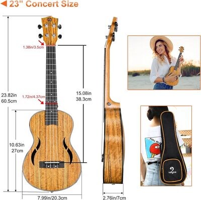 Vangoa Ukulele koncertowe 23 cale, drewno orzecha włoskiego, hawaje, ukulele dla dorosłych, nastolatków, studentów, z torbą gimnastyczną, naturalne