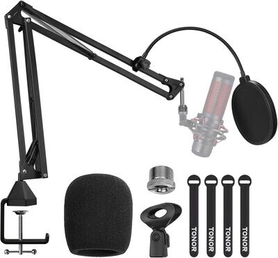 Stojak na mikrofon z ramieniem, Tonor T20 regulowany, wysięgnik nożycowy, stojak z filtrem pop, adapter 3/8” do 5/8”, klips mikrofonowy, ulepszony zacisk o dużej wytrzymałości, do Blue Yeti Nano Snowb