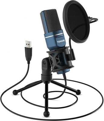 TONOR PC mikrofon USB z opcją Plug &amp; Play, ze stojakiem i filtrem pop do wokalu, podcastów, strumieniowania, dla urządzeń iMac, PC, laptopów