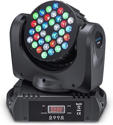 BETOPPER Ruchoma głowica LED, oświetlenie punktowe, 8 kolorów, 36 × 3 W, RGBW z 9/11 kanałami, na imprezę, dyskotekę, pokaz DJ DMX-512