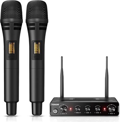 Bezprzewodowe mikrofony TONOR, profesjonalne mikrofony karaoke UHF,mikrofon z odbiornikiem do karaoke, śpiewu, kościoła, regulowane częstotliwości, zasięg 200 stóp TW350 Czarny